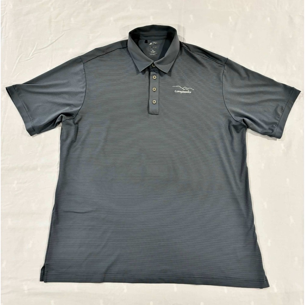 Adidas Climalite Golf Polo Shirt Mens XL Grey Striped Conquistador Logo - Picture 1 of 9